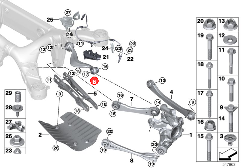 Wishbone with rubber mount, left OE 33306878021