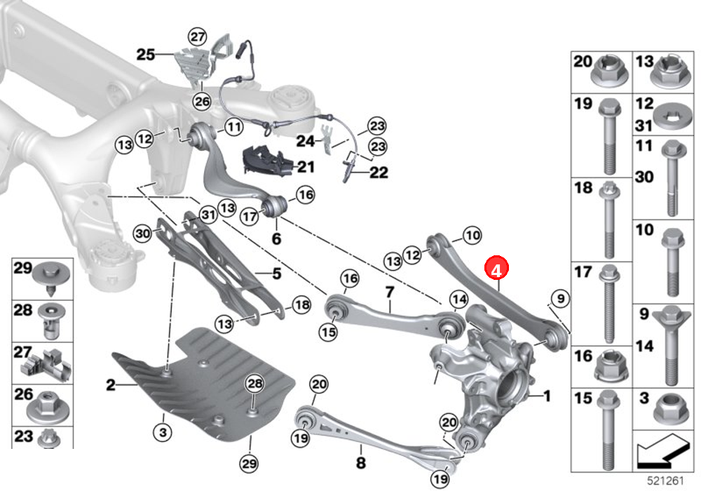Toe arm with rubber mount, right OE 33326861126