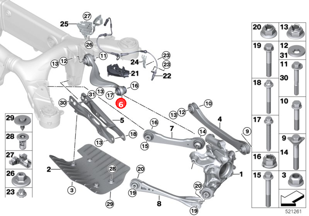Wishbone with rubber mount, left OE 33326861119