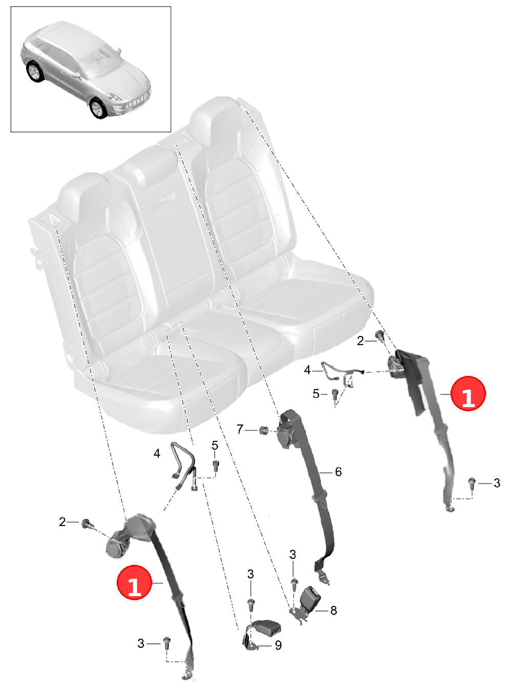 Three-point safety belt OE 95B857805B