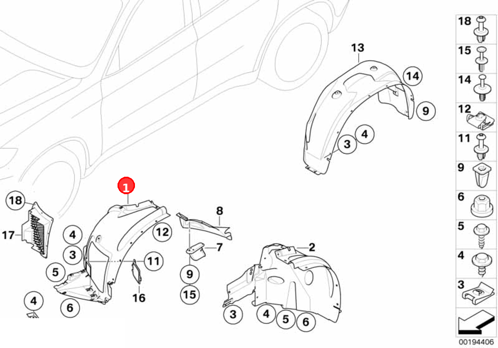 Cover,wheel arch,frontsection,frnt right OE 51717180618