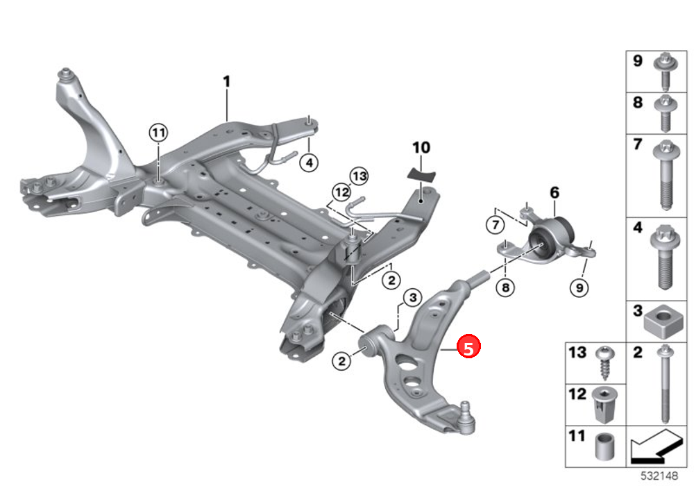 Lateral swing arm with rubber support on the right side OE 31126879842